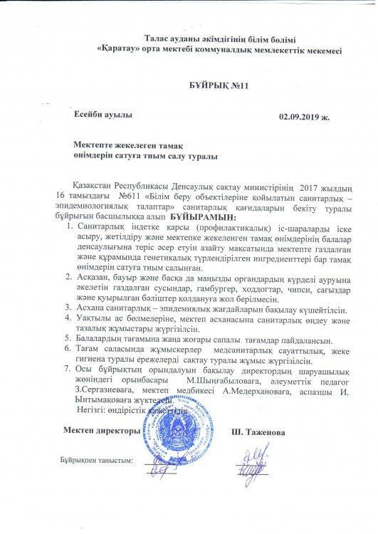 Бұйрық№11 Мектепте жекелеген тамақ өнімдерін сатуға тиым салу туралы